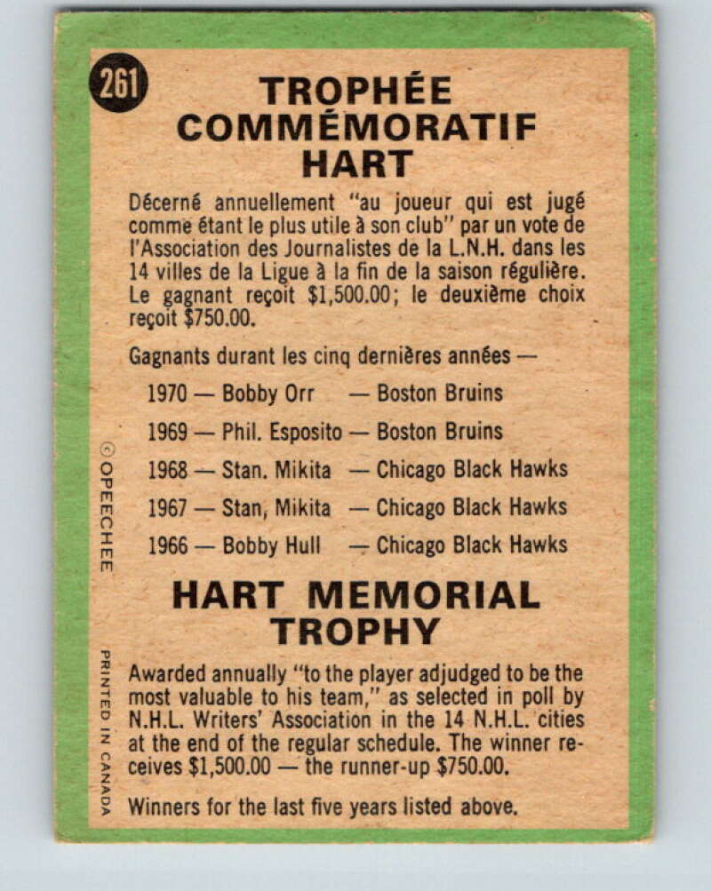 1970-71 O-Pee-Chee #261 Hart Trophy V3126