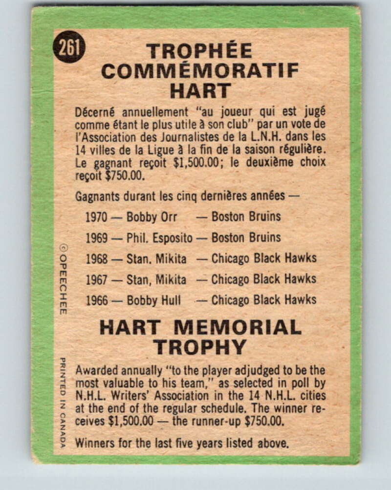 1970-71 O-Pee-Chee #261 Hart Trophy V3127