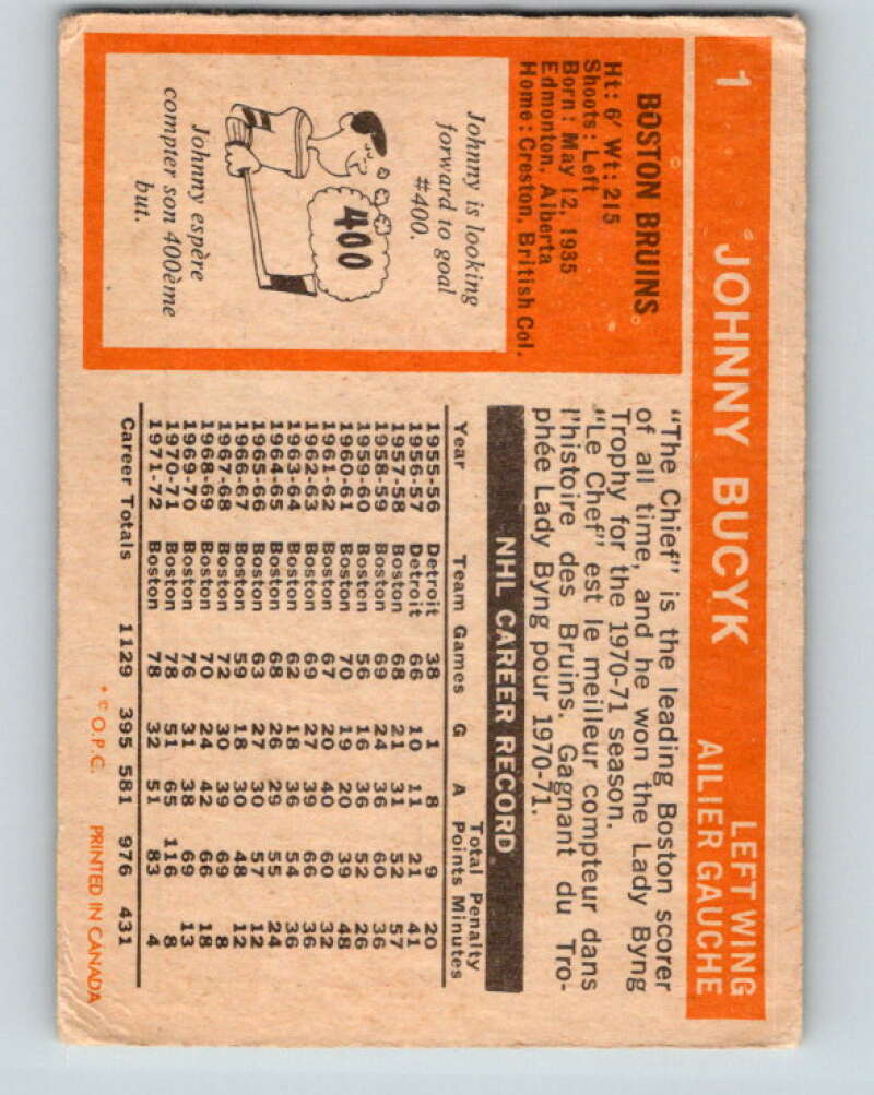 1972-73 O-Pee-Chee #1 Johnny Bucyk Boston Bruins V3139