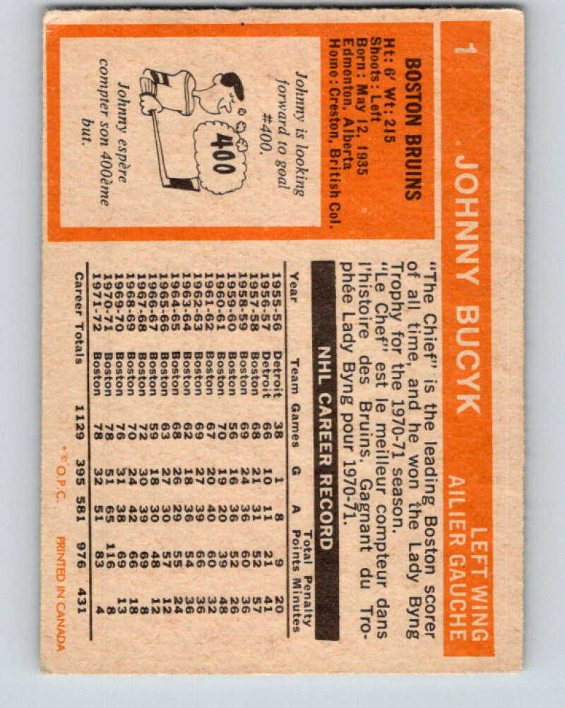 1972-73 O-Pee-Chee #1 Johnny Bucyk Boston Bruins V3140