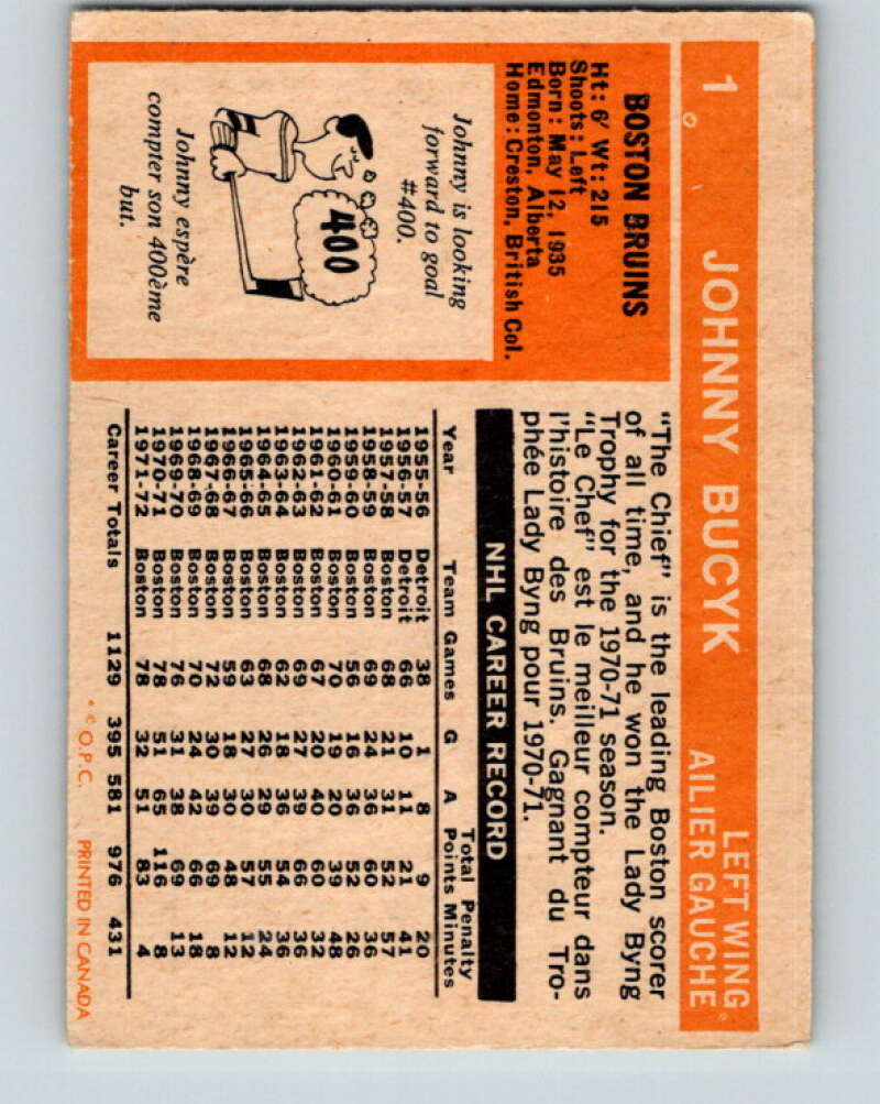 1972-73 O-Pee-Chee #1 Johnny Bucyk Boston Bruins V3141