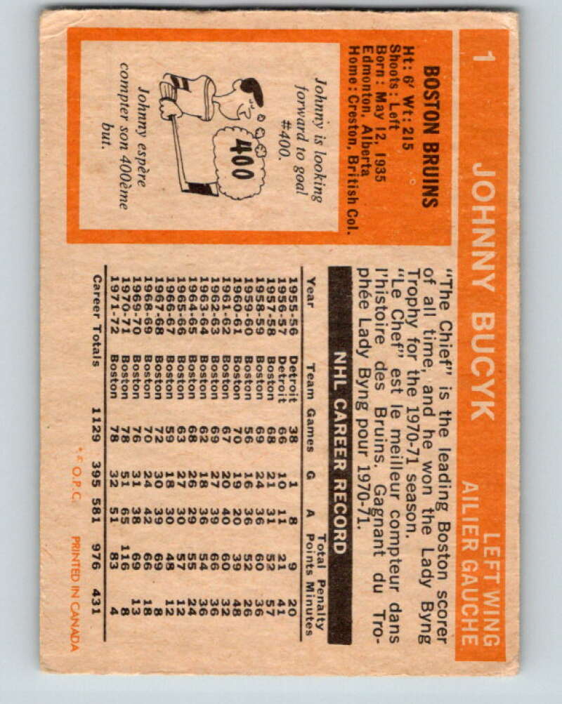 1972-73 O-Pee-Chee #1 Johnny Bucyk Boston Bruins V3144
