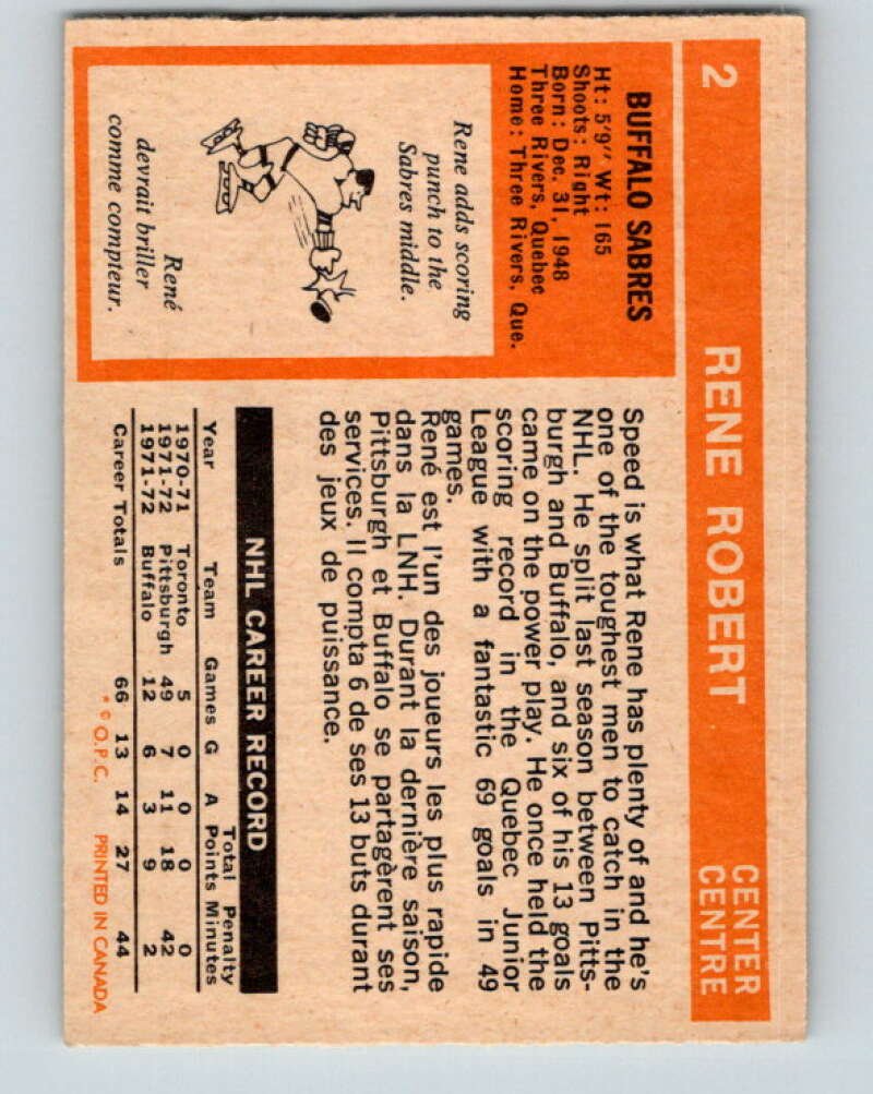 1972-73 O-Pee-Chee #2 Rene Robert RC Rookie Buffalo Sabres V3148
