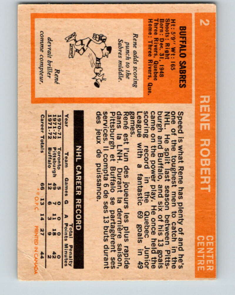 1972-73 O-Pee-Chee #2 Rene Robert RC Rookie Buffalo Sabres V3149