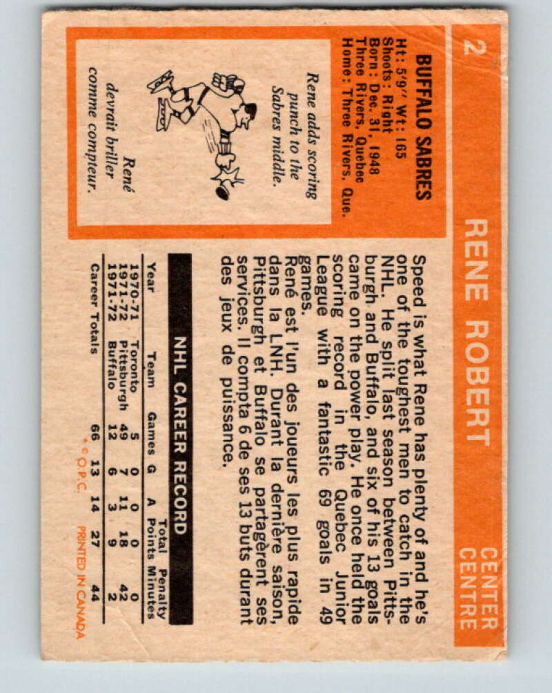 1972-73 O-Pee-Chee #2 Rene Robert RC Rookie Buffalo Sabres V3150