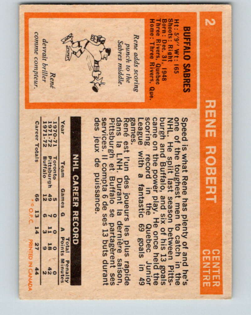 1972-73 O-Pee-Chee #2 Rene Robert RC Rookie Buffalo Sabres V3151
