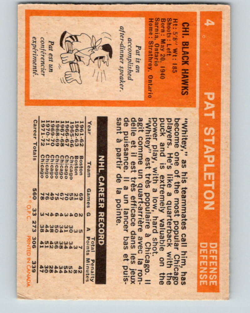 1972-73 O-Pee-Chee #4 Pat Stapleton Chicago Blackhawks V3160