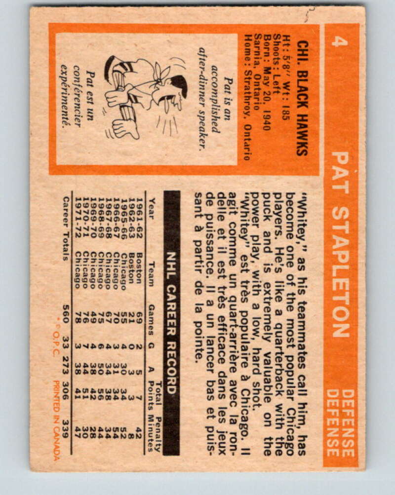 1972-73 O-Pee-Chee #4 Pat Stapleton Chicago Blackhawks V3161
