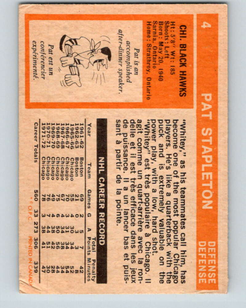 1972-73 O-Pee-Chee #4 Pat Stapleton Chicago Blackhawks V3163