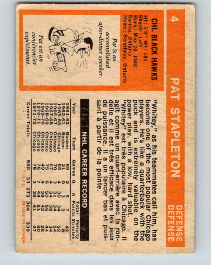 1972-73 O-Pee-Chee #4 Pat Stapleton Chicago Blackhawks V3164