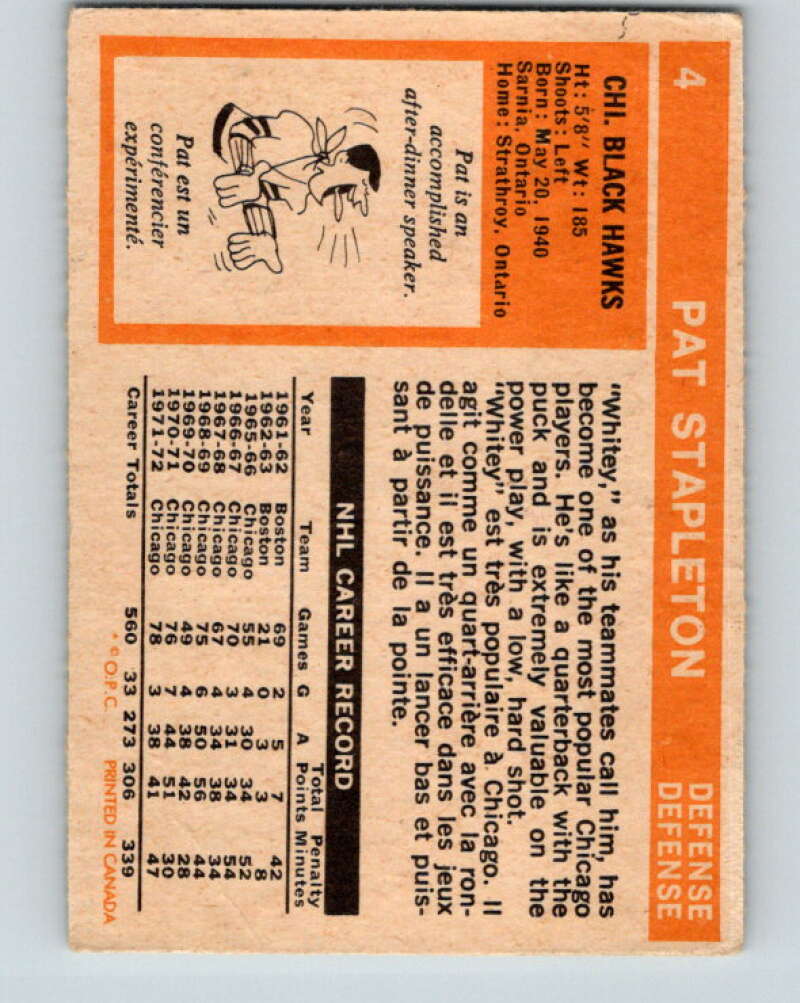 1972-73 O-Pee-Chee #4 Pat Stapleton Chicago Blackhawks V3165
