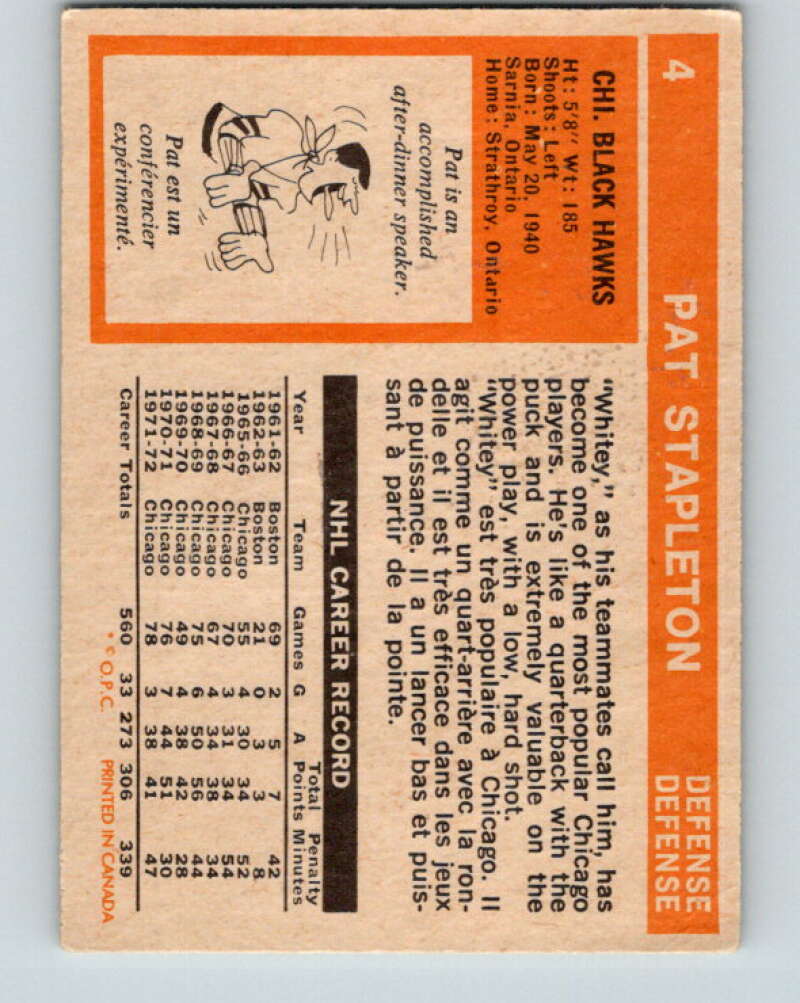 1972-73 O-Pee-Chee #4 Pat Stapleton Chicago Blackhawks V3168