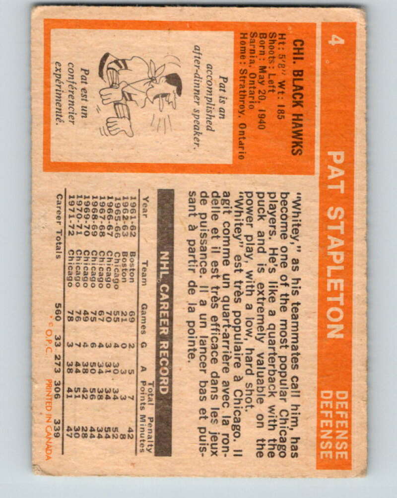 1972-73 O-Pee-Chee #4 Pat Stapleton Chicago Blackhawks V3169