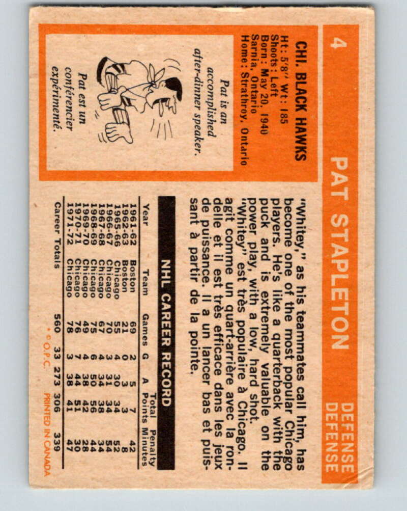 1972-73 O-Pee-Chee #4 Pat Stapleton Chicago Blackhawks V3170