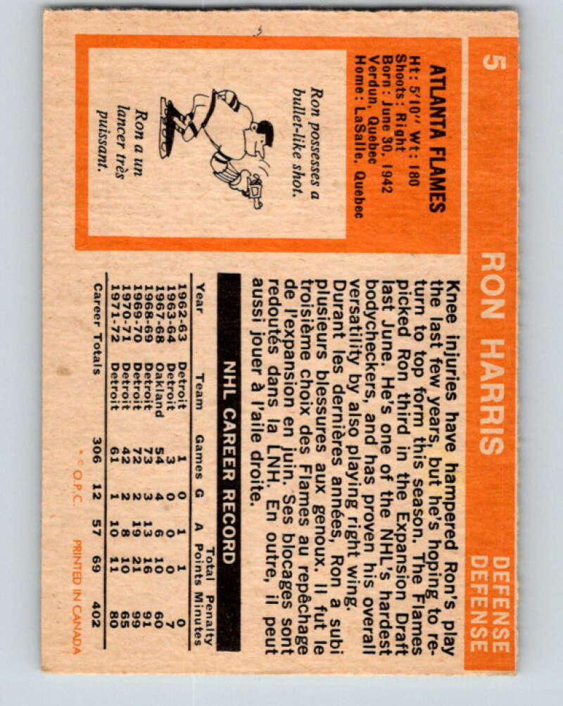 1972-73 O-Pee-Chee #5 Ron Harris Atlanta Flames V3172