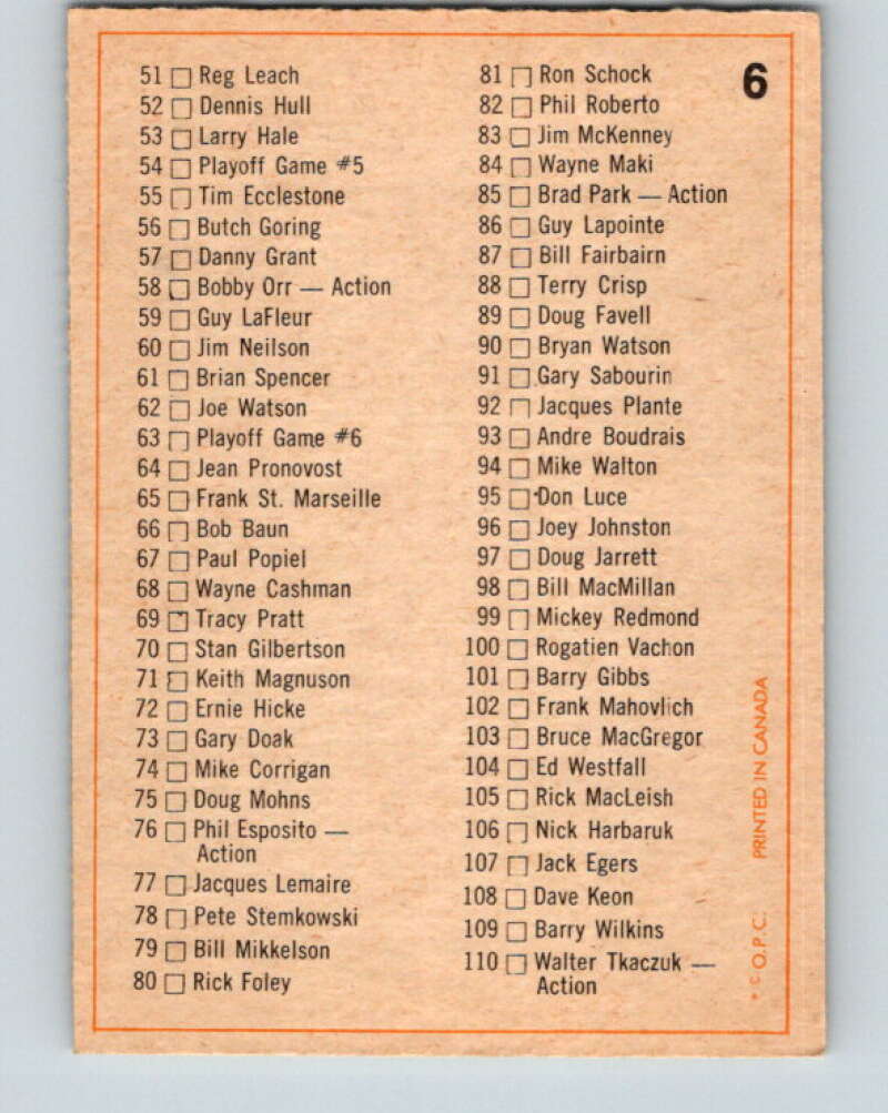 1972-73 O-Pee-Chee #6 Checklist V3176