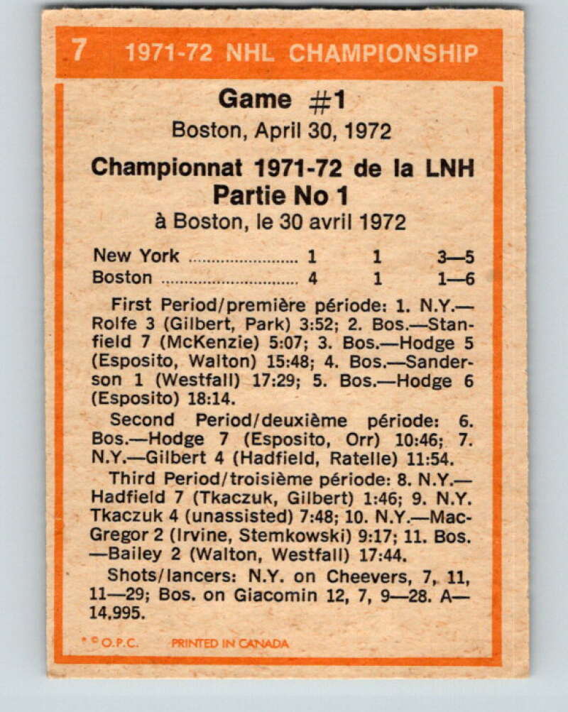 1972-73 O-Pee-Chee #7 Playoff Game 1 Boston Bruins/New York Rangers V3182