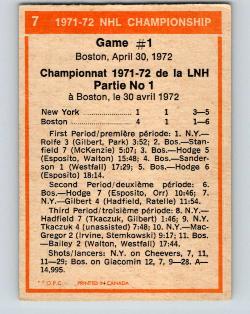 1972-73 O-Pee-Chee #7 Playoff Game 1 Boston Bruins/New York Rangers V3183