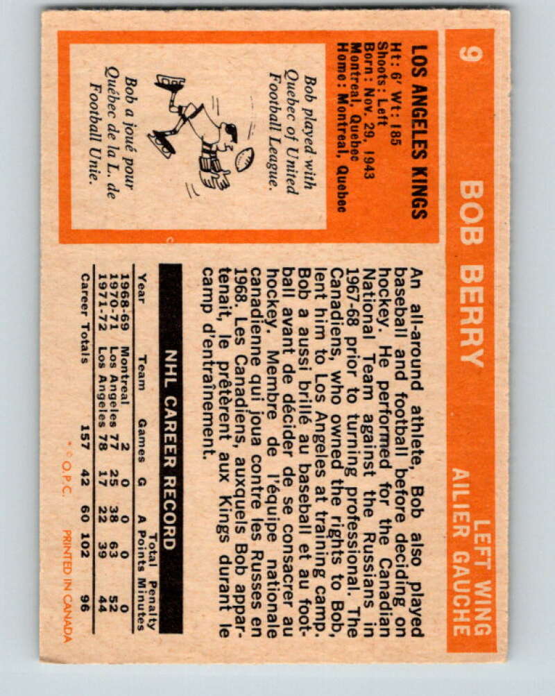 1972-73 O-Pee-Chee #9 Bob Berry Los Angeles Kings V3193