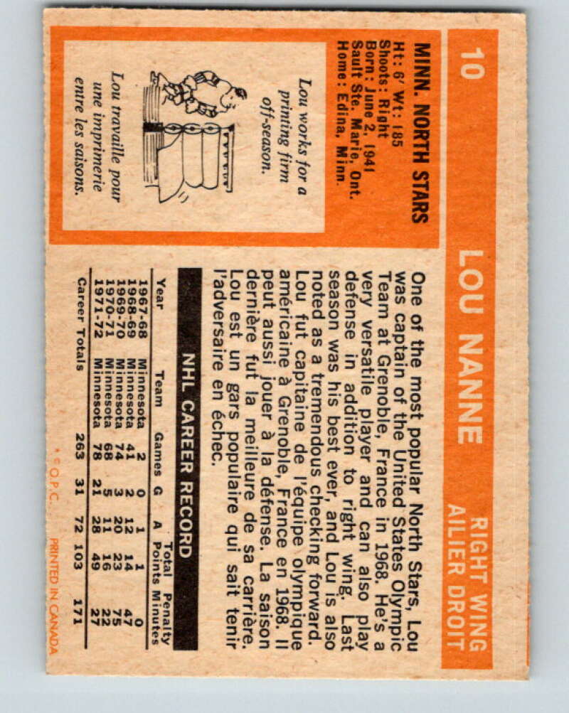 1972-73 O-Pee-Chee #10 Lou Nanne Minnesota North Stars V3200