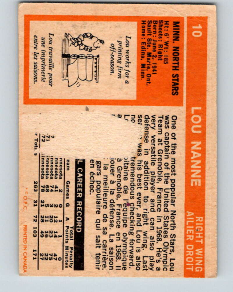 1972-73 O-Pee-Chee #10 Lou Nanne Minnesota North Stars V3201