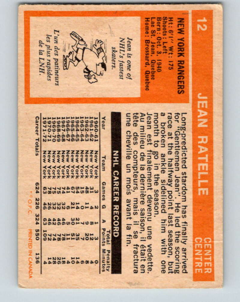 1972-73 O-Pee-Chee #12 Jean Ratelle New York Rangers V3209