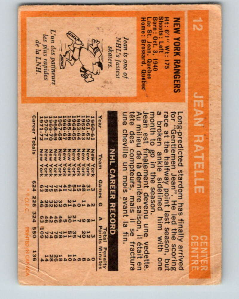 1972-73 O-Pee-Chee #12 Jean Ratelle New York Rangers V3211