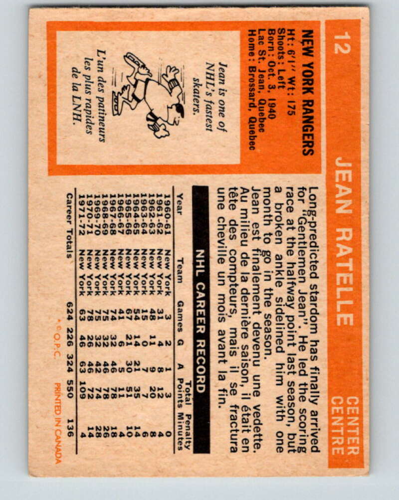 1972-73 O-Pee-Chee #12 Jean Ratelle New York Rangers V3214