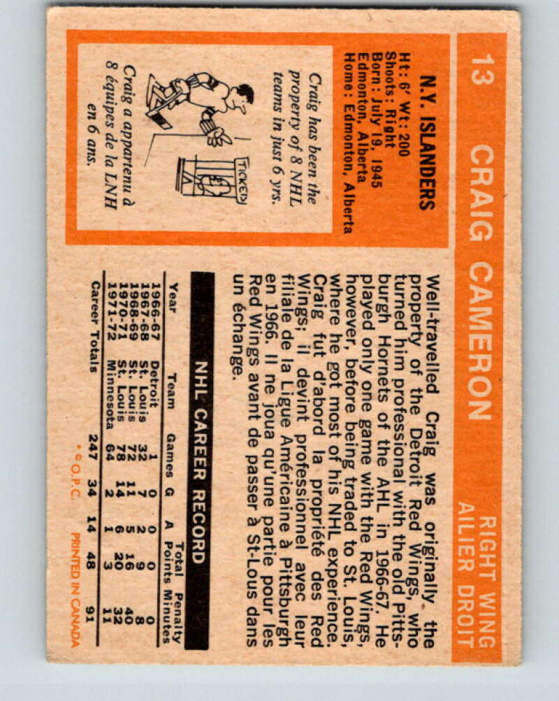 1972-73 O-Pee-Chee #13 Craig Cameron RC Rookie New York Islanders V3216
