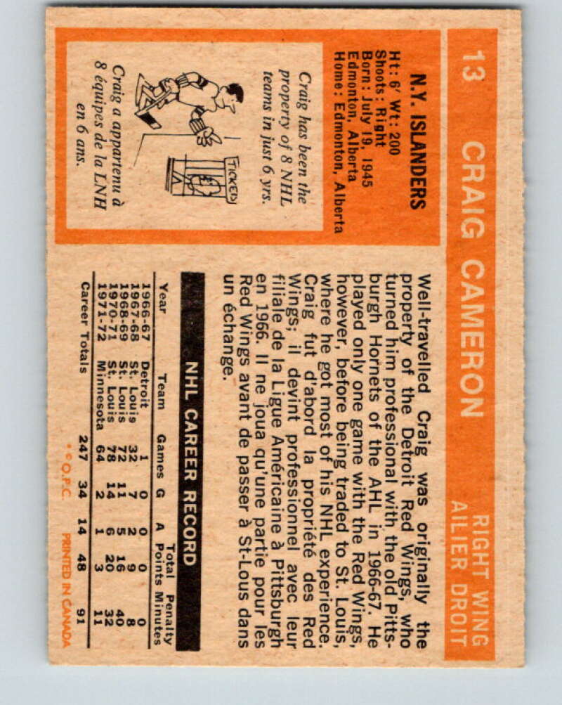 1972-73 O-Pee-Chee #13 Craig Cameron RC Rookie New York Islanders V3217
