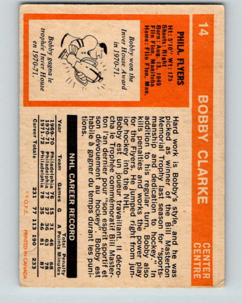 1972-73 O-Pee-Chee #14 Bobby Clarke Philadelphia Flyers V3220