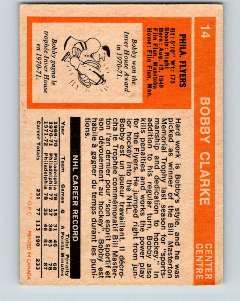 1972-73 O-Pee-Chee #14 Bobby Clarke Philadelphia Flyers V3221