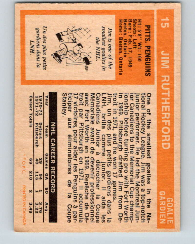 1972-73 O-Pee-Chee #15 Jim Rutherford RC Rookie Pittsburgh Penguins V3224