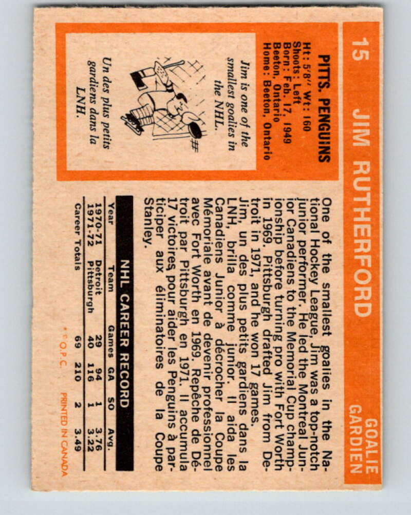 1972-73 O-Pee-Chee #15 Jim Rutherford RC Rookie Pittsburgh Penguins V3225