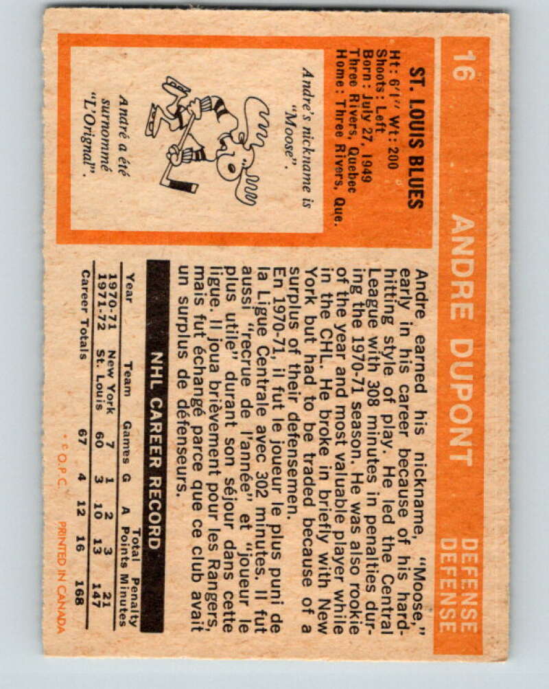 1972-73 O-Pee-Chee #16 Andre Dupont RC Rookie St. Louis Blues V3227