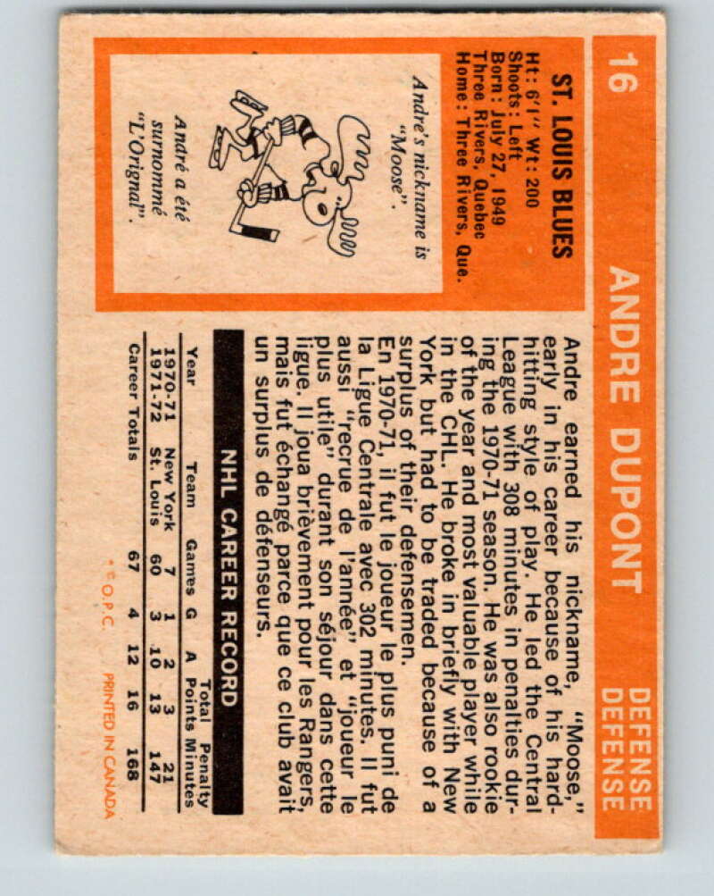 1972-73 O-Pee-Chee #16 Andre Dupont RC Rookie St. Louis Blues V3228