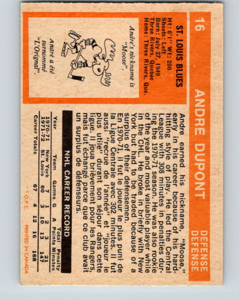 1972-73 O-Pee-Chee #16 Andre Dupont RC Rookie St. Louis Blues V3229