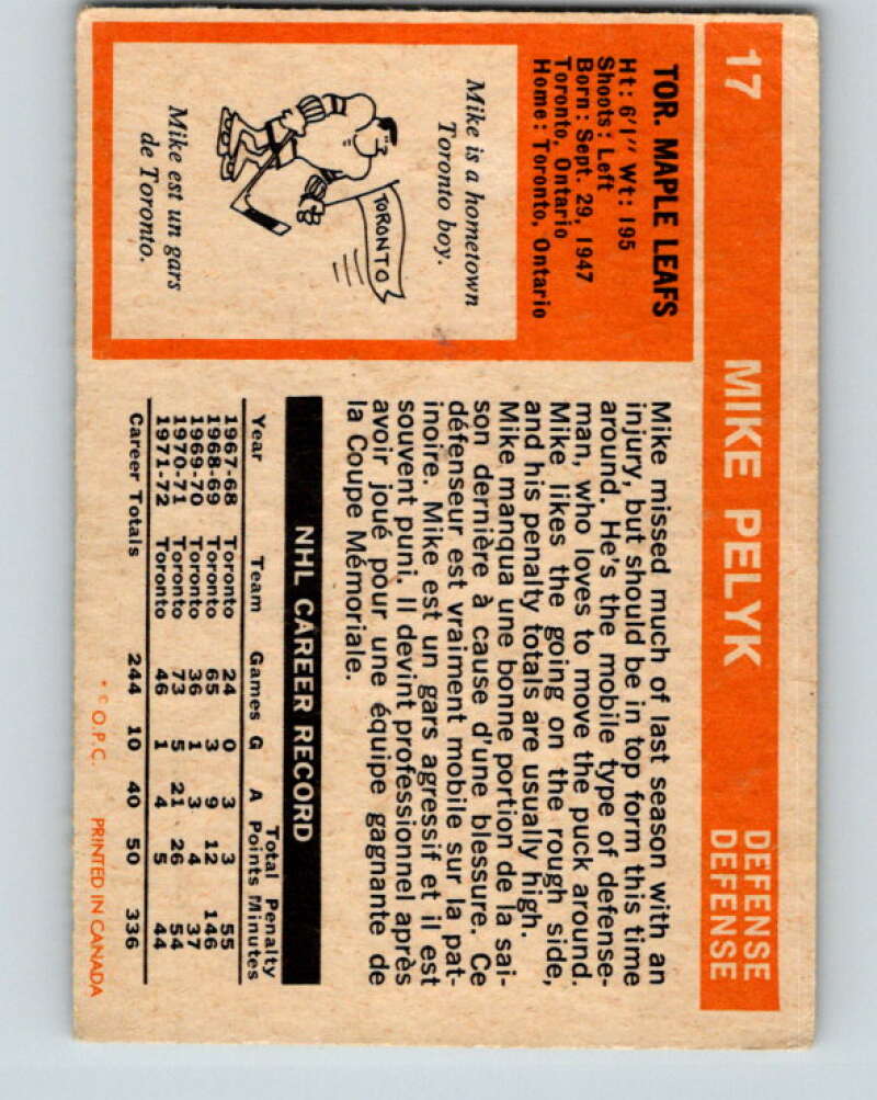 1972-73 O-Pee-Chee #17 Mike Pelyk Toronto Maple Leafs V3230