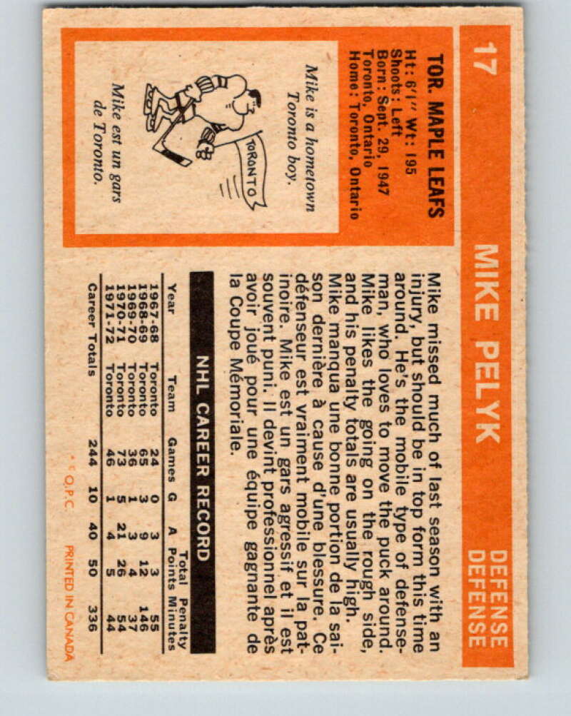 1972-73 O-Pee-Chee #17 Mike Pelyk Toronto Maple Leafs V3232