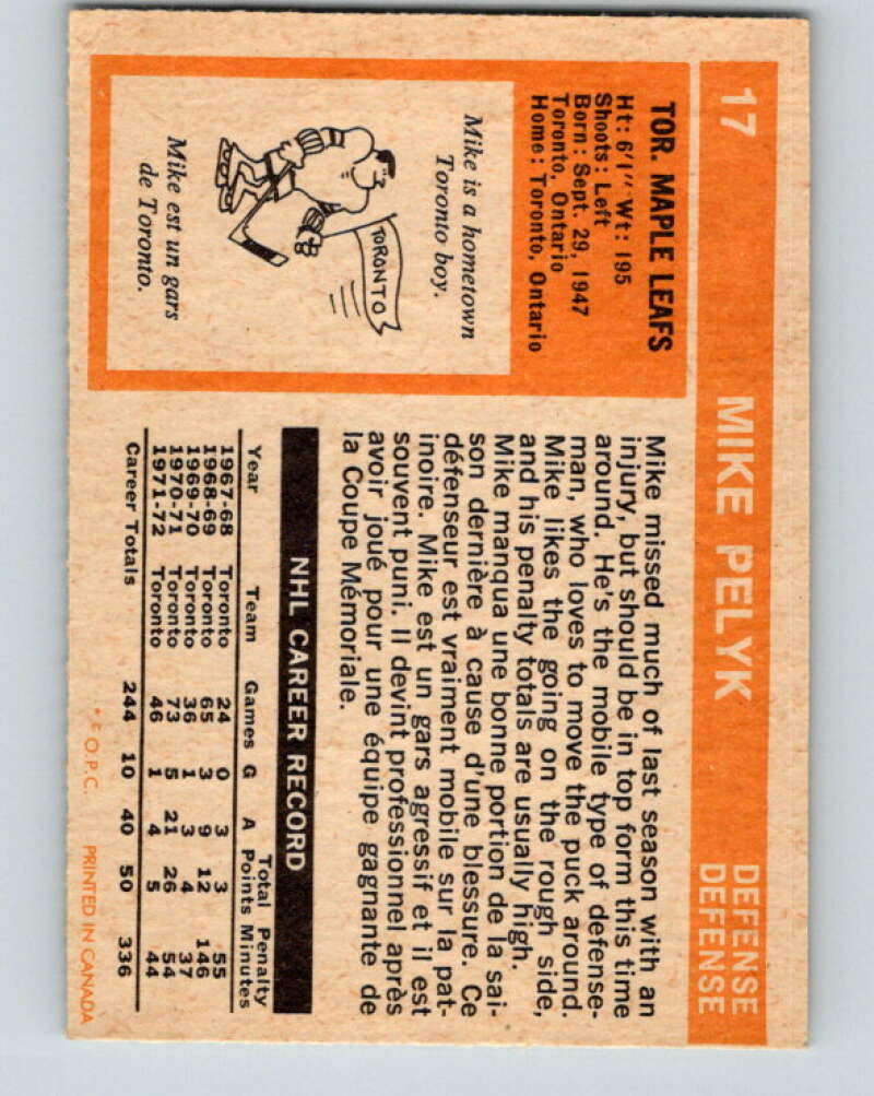 1972-73 O-Pee-Chee #17 Mike Pelyk Toronto Maple Leafs V3233