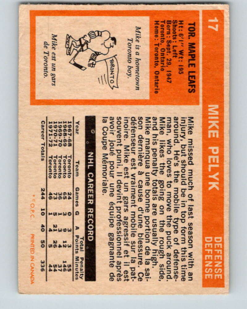 1972-73 O-Pee-Chee #17 Mike Pelyk Toronto Maple Leafs V3234