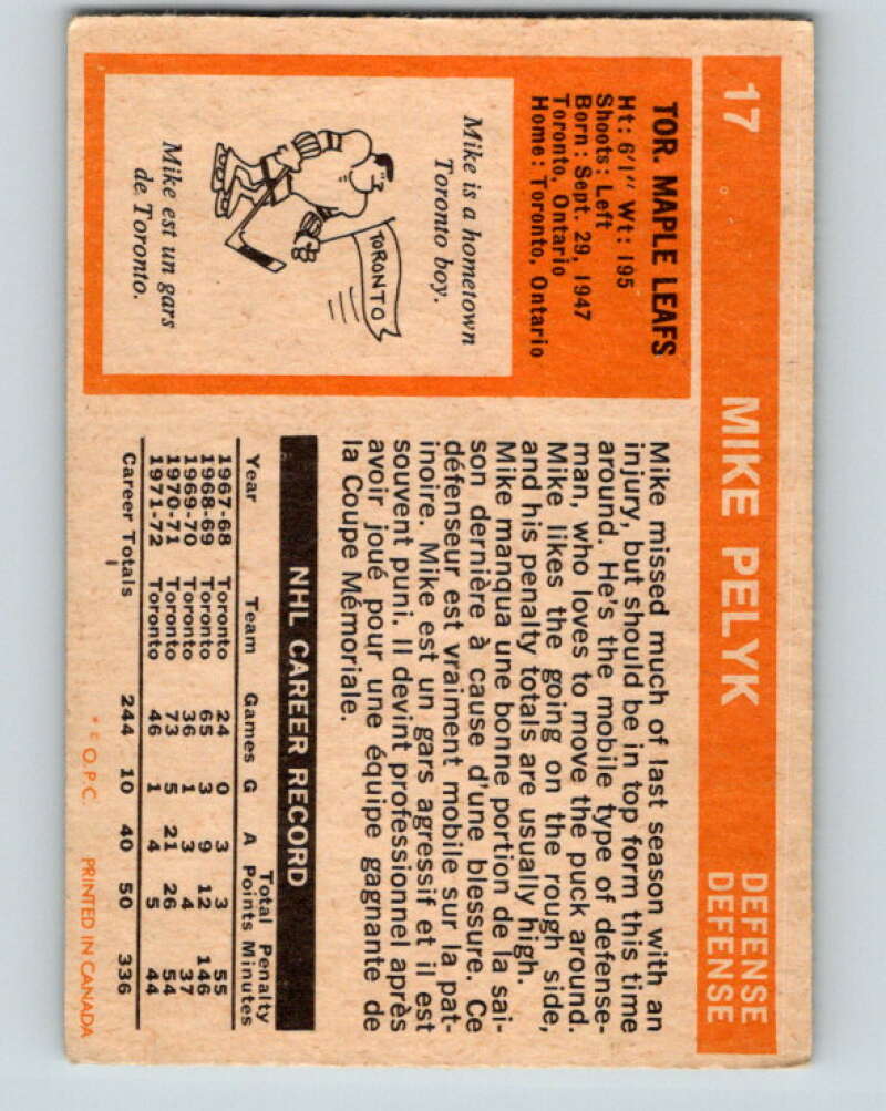 1972-73 O-Pee-Chee #17 Mike Pelyk Toronto Maple Leafs V3237