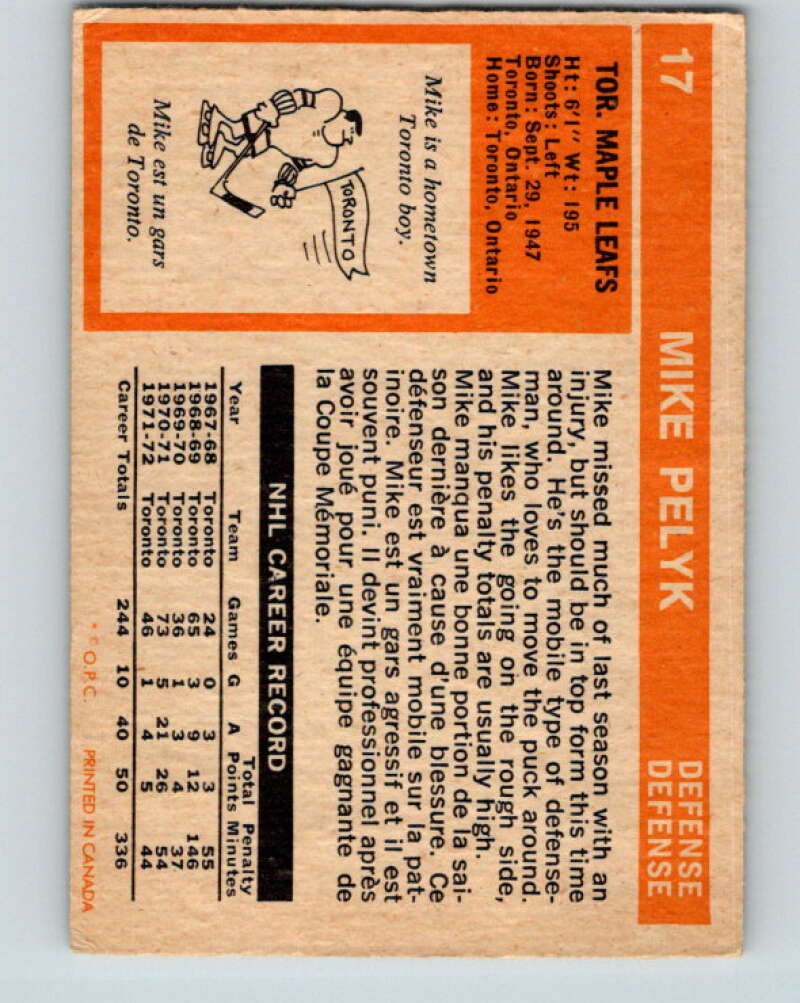 1972-73 O-Pee-Chee #17 Mike Pelyk Toronto Maple Leafs V3238