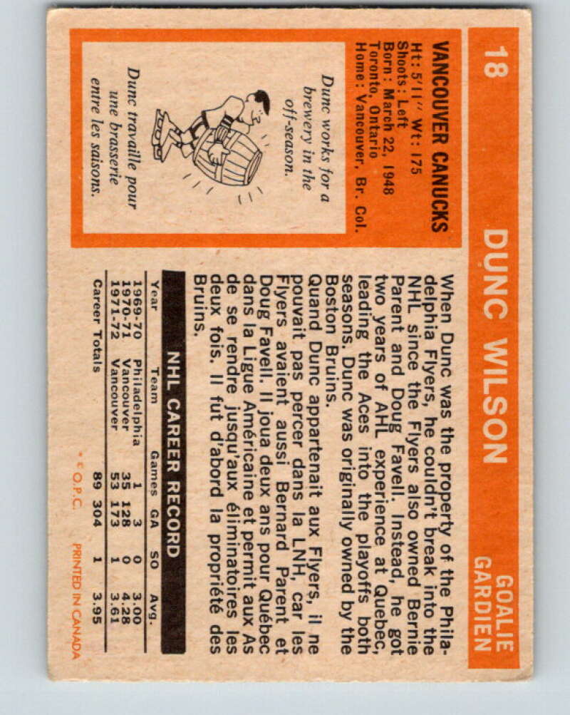 1972-73 O-Pee-Chee #18 Dunc Wilson Vancouver Canucks V3239