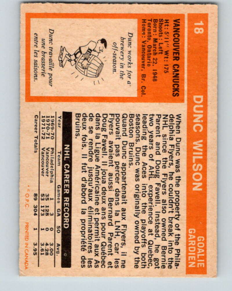 1972-73 O-Pee-Chee #18 Dunc Wilson Vancouver Canucks V3240