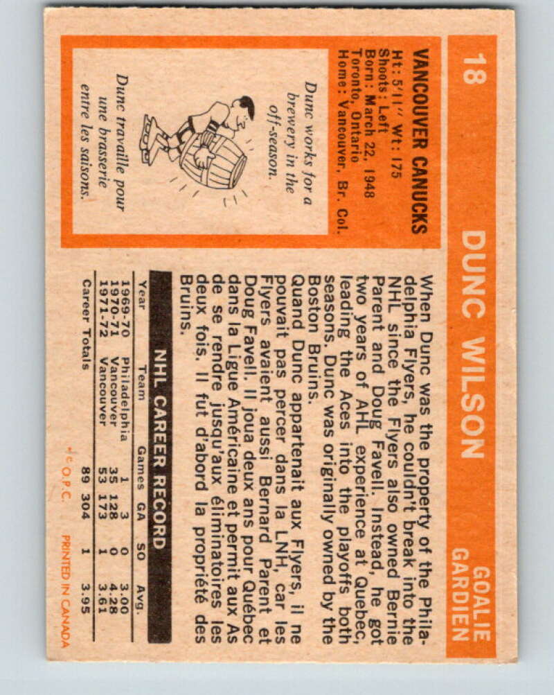 1972-73 O-Pee-Chee #18 Dunc Wilson Vancouver Canucks V3241