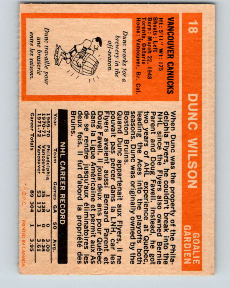 1972-73 O-Pee-Chee #18 Dunc Wilson Vancouver Canucks V3242