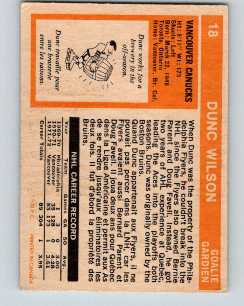 1972-73 O-Pee-Chee #18 Dunc Wilson Vancouver Canucks V3243
