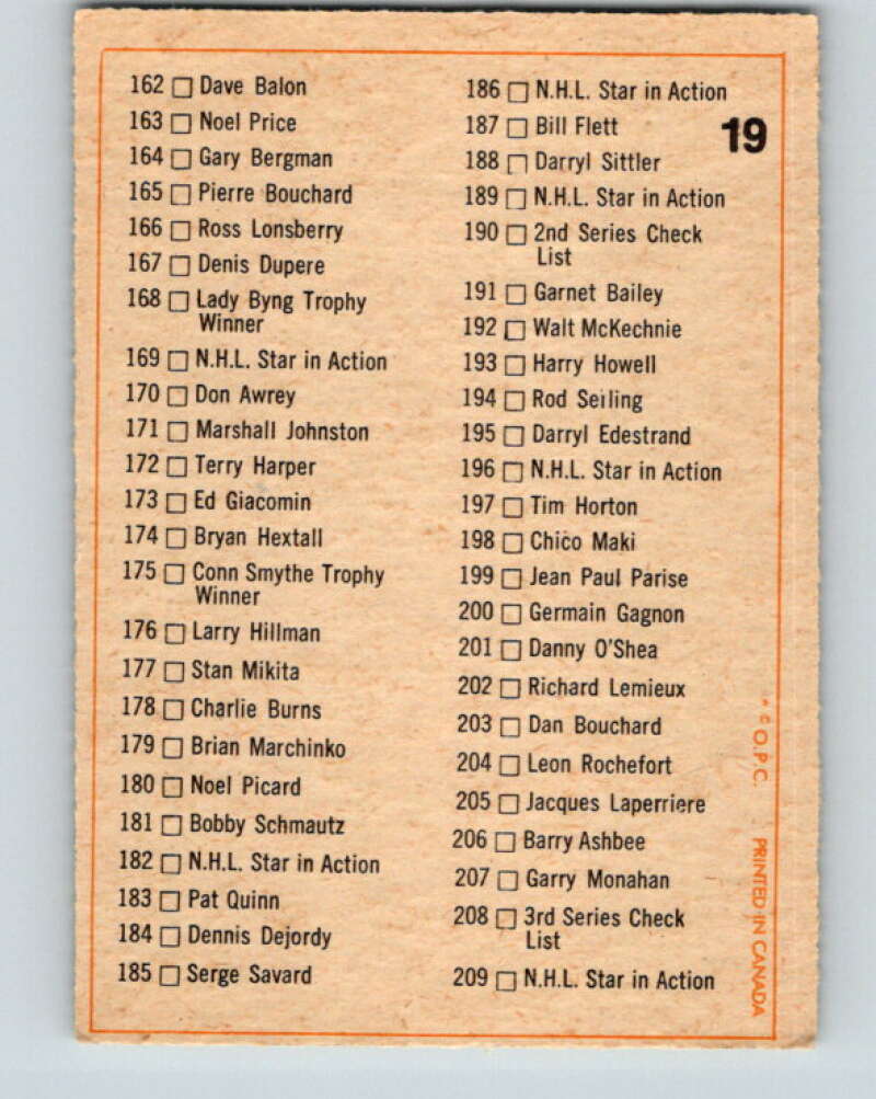 1972-73 O-Pee-Chee #19 Checklist UER V3244