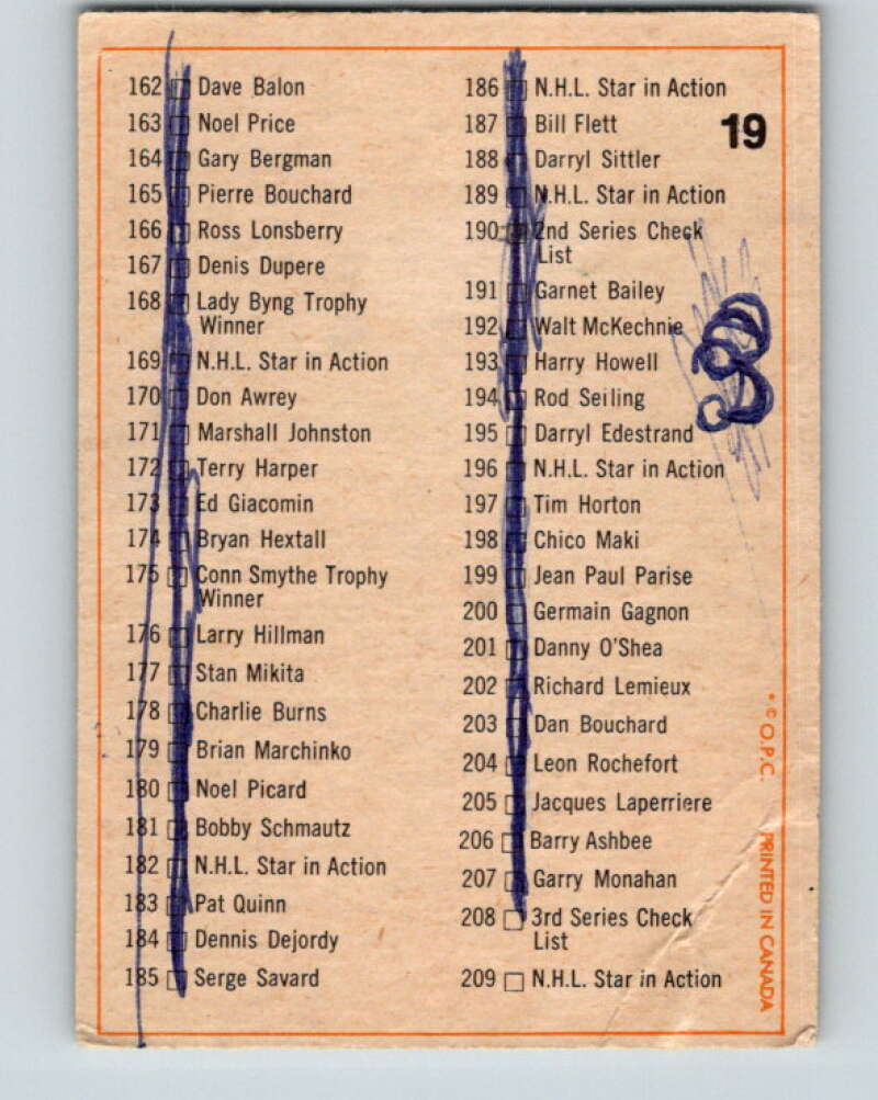 1972-73 O-Pee-Chee #19 Checklist UER V3250